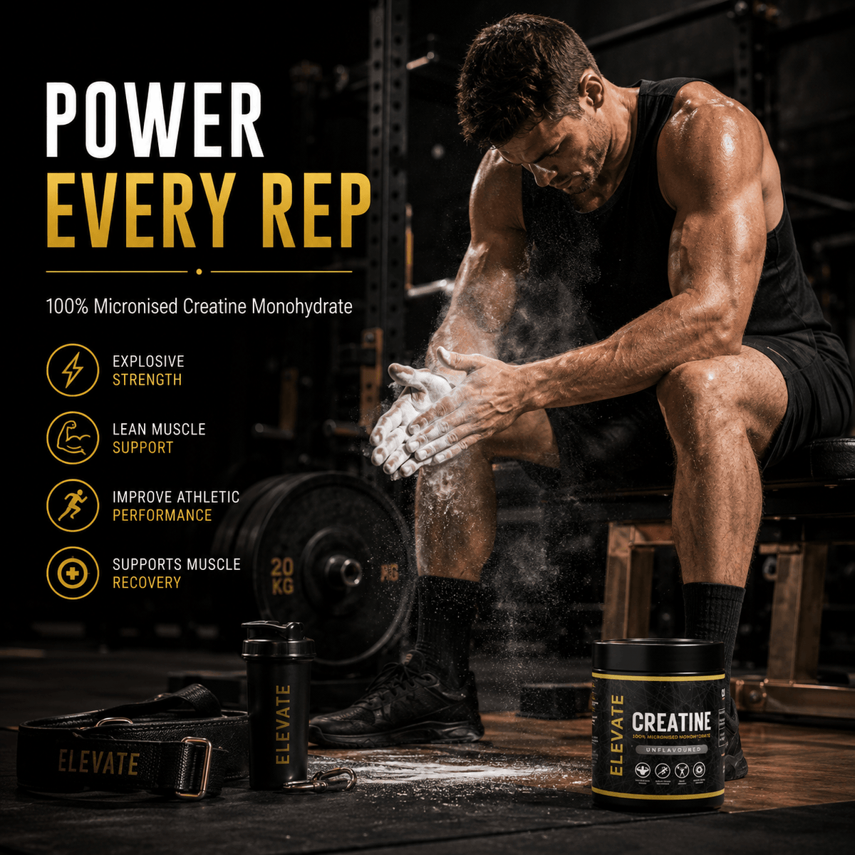 Elevate Creatine Monohydrate powder in a 500g container, 100% pure micronized creatine supplement for muscle performance