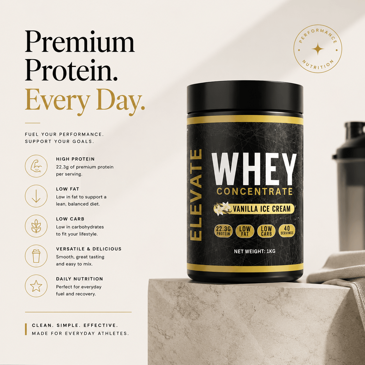 Elevate Whey Protein in vanilla ice cream flavor, high protein supplement by ElevateSupplementsNI, in a jar with scoop.