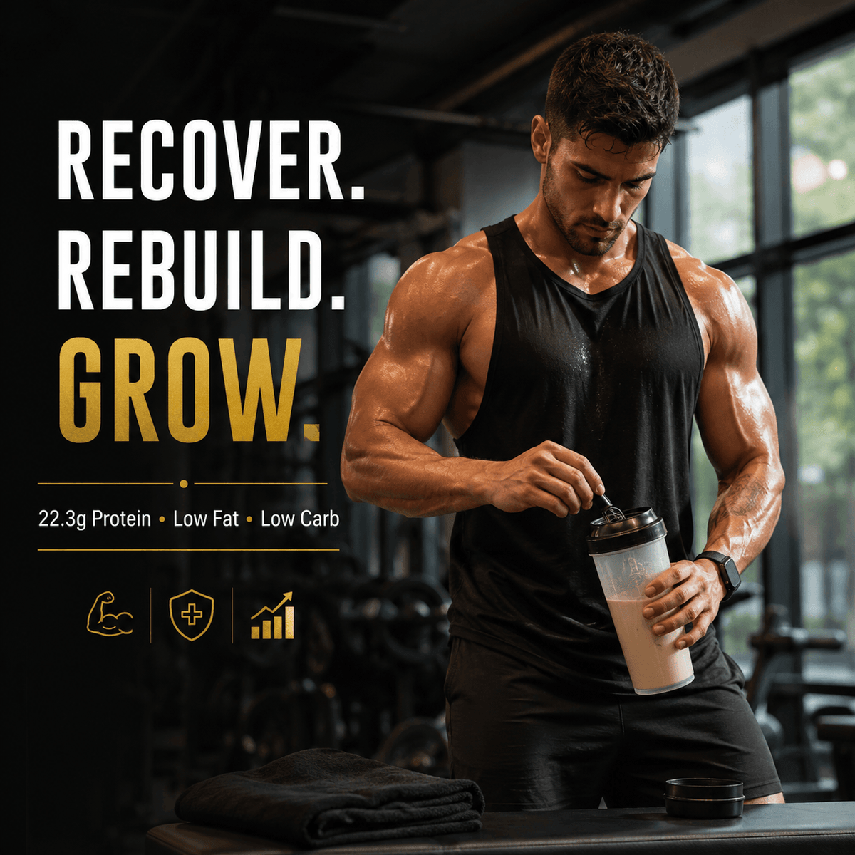 Elevate Whey Protein by ElevateSupplementsNI in vanilla ice cream flavor, 1kg container with a scoop of protein powder and label.