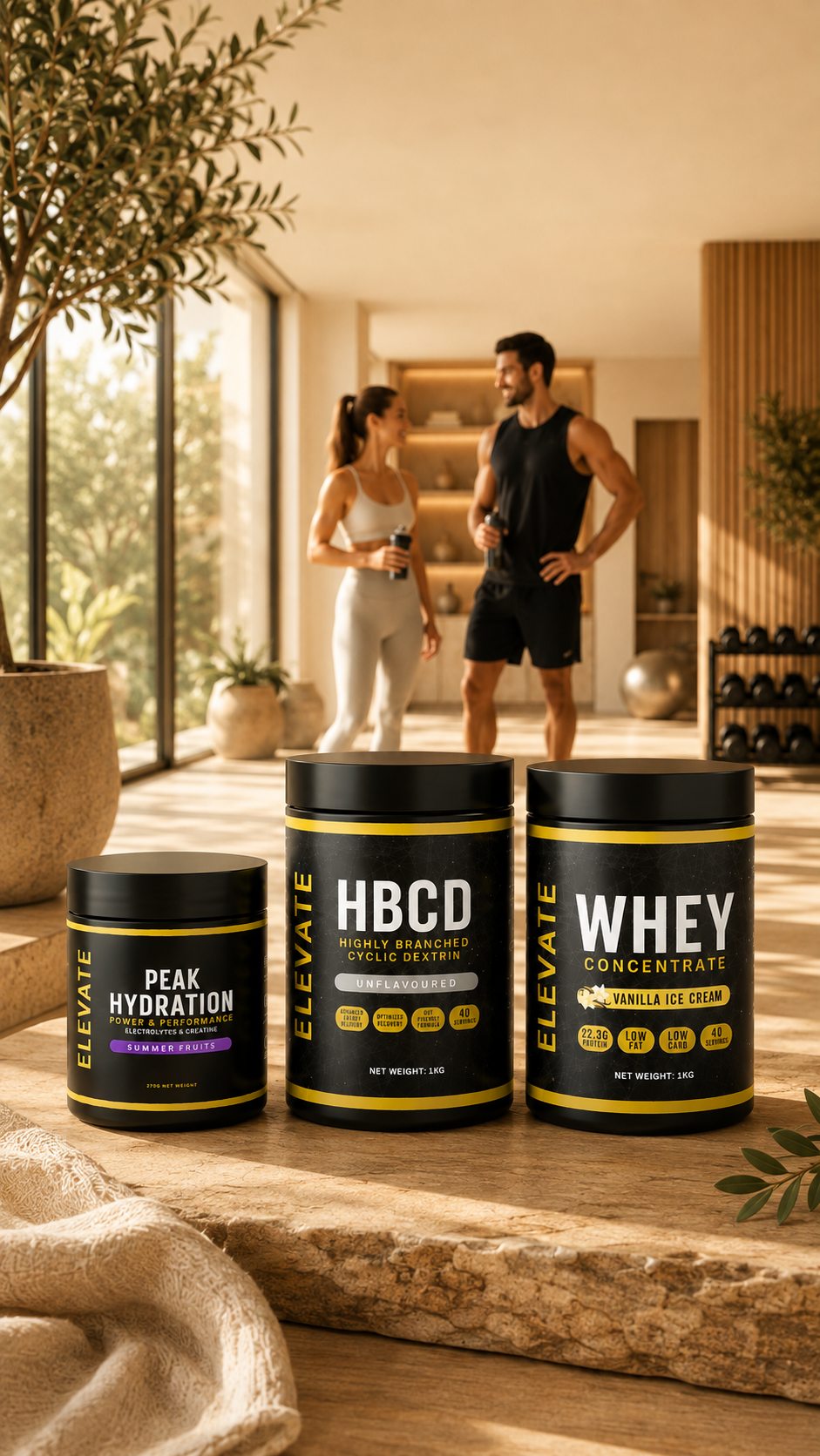 Elevate sports nutrition supplements including Whey Protein Concentrate, HBCD cyclic dextrin, and Peak Hydration showcased in a premium mobile-friendly fitness lifestyle image, supporting muscle recovery, hydration, endurance, and performance.