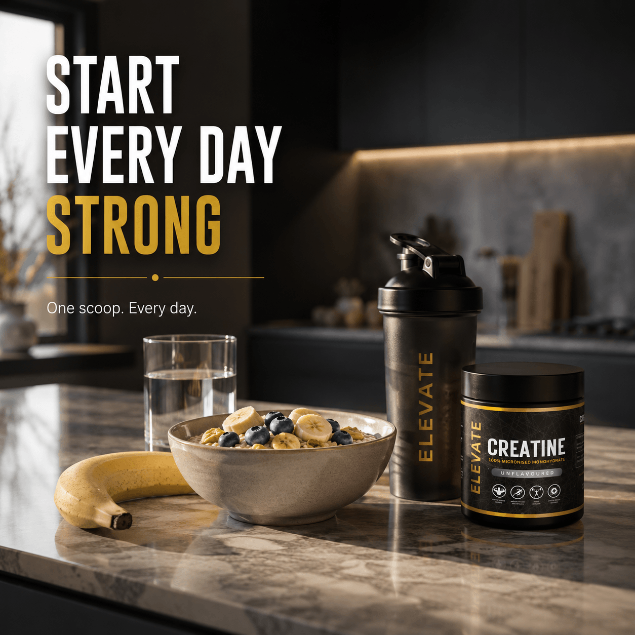 Elevate Creatine Monohydrate supplement container with label showing 100% pure micronised creatine powder for muscle support.