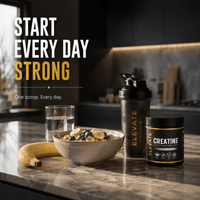 Elevate Creatine Monohydrate 500g container with label, showcasing micronised pure creatine supplement for muscle strength and endurance.