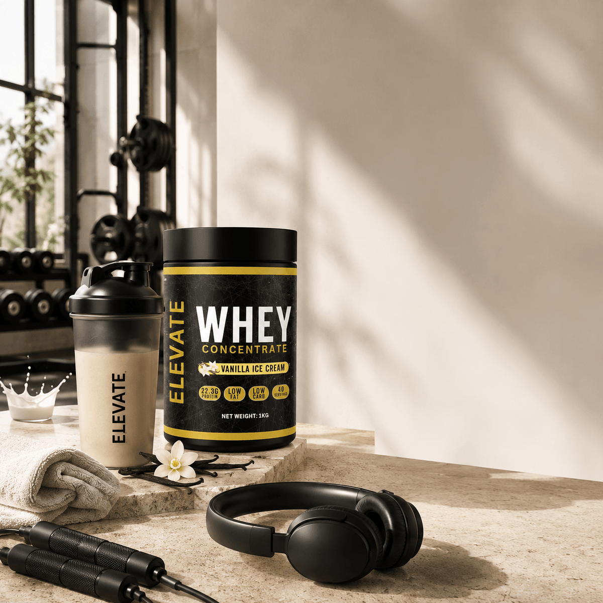 Elevate Whey Protein vanilla ice cream flavor in 1kg container, high protein formula for muscle recovery and fitness nutrition