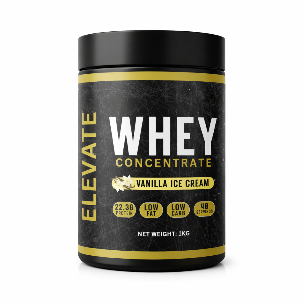 Elevate Whey Protein powder in Vanilla Ice Cream flavor, high-protein supplement from ElevateSupplementsNI, 1kg container.