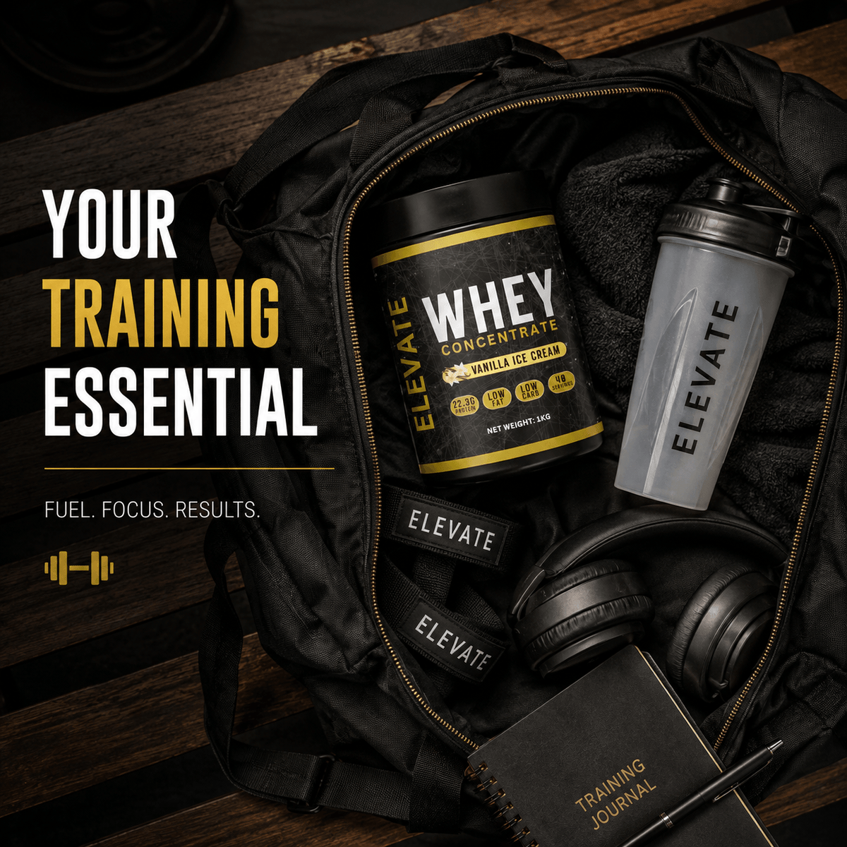 Elevate Whey Protein Vanilla Ice Cream flavor in 1kg container, high protein formula for muscle support and recovery.