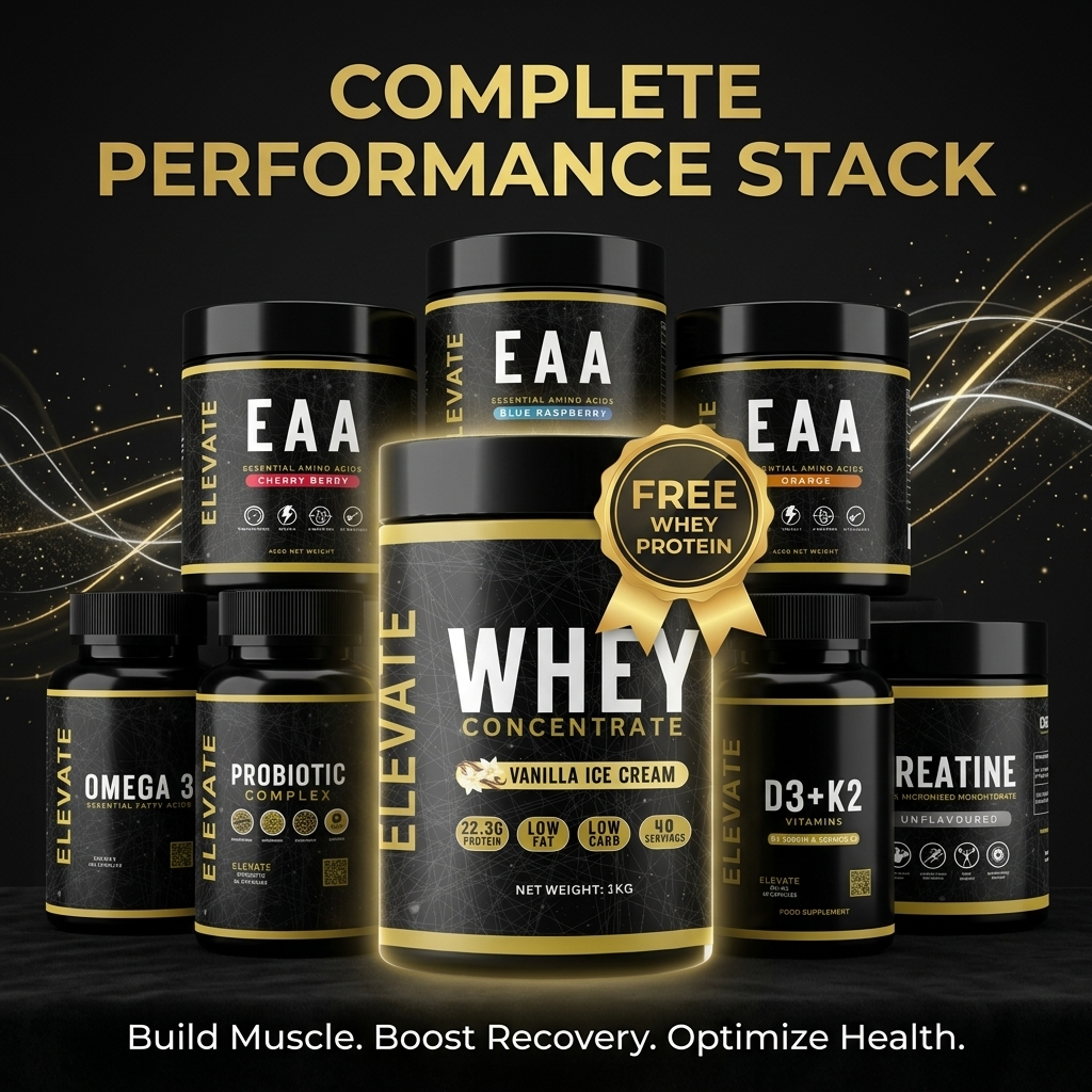 ElevateSupplements Complete Performance Stack with free whey protein, featuring supplement bottles and fitness accessories.