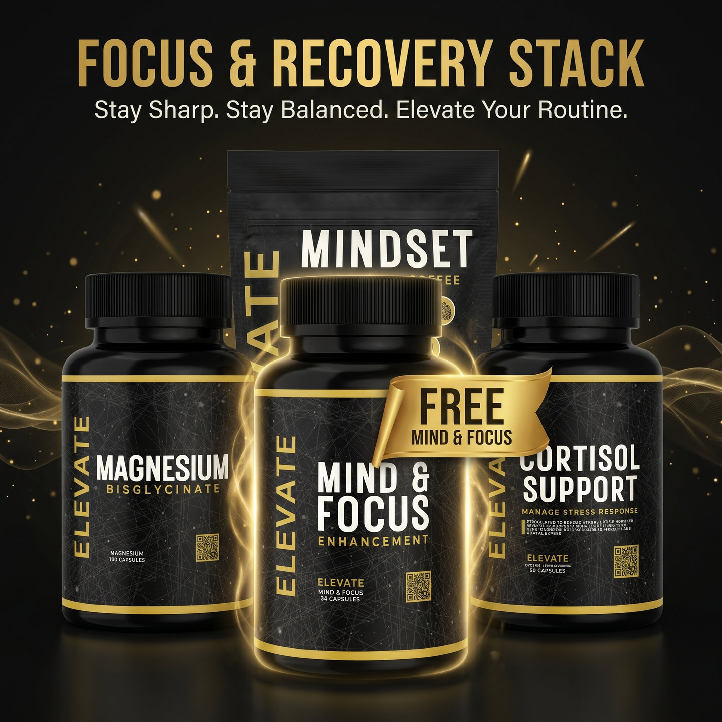 ElevateSupplements Focus & Recovery Stack with free Mind & Focus supplement, featuring bottles of dietary supplements for mental clarity.