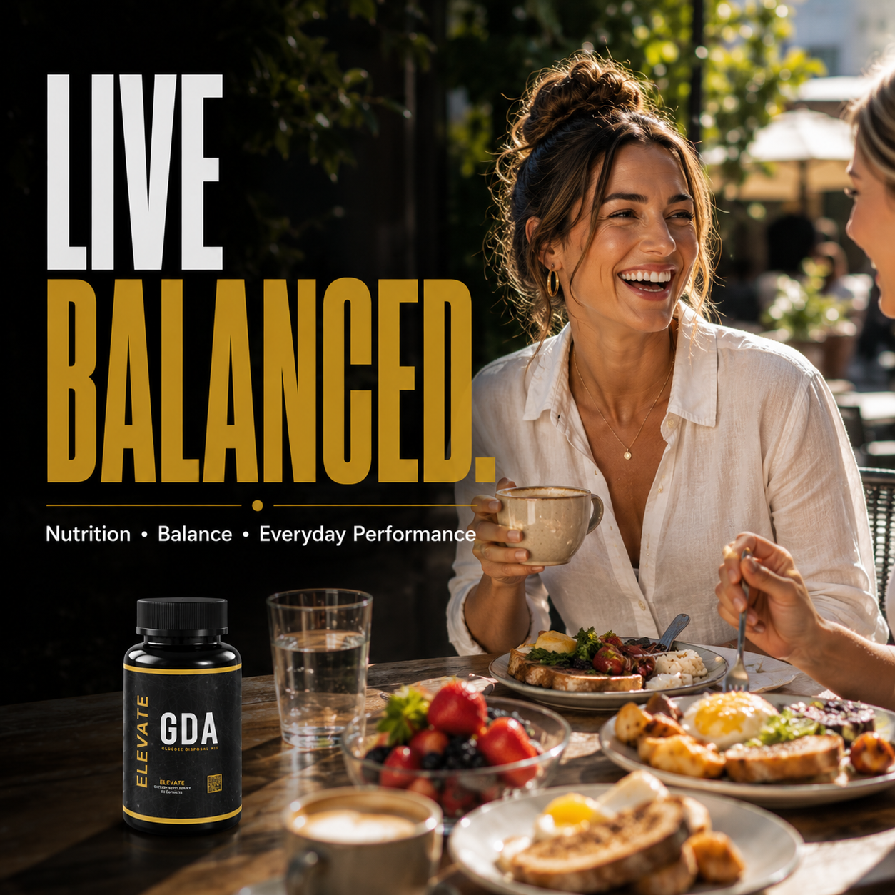 Elevate GDA glucose disposal agent supplement with Berberine, featuring capsules for blood sugar support and metabolic health.