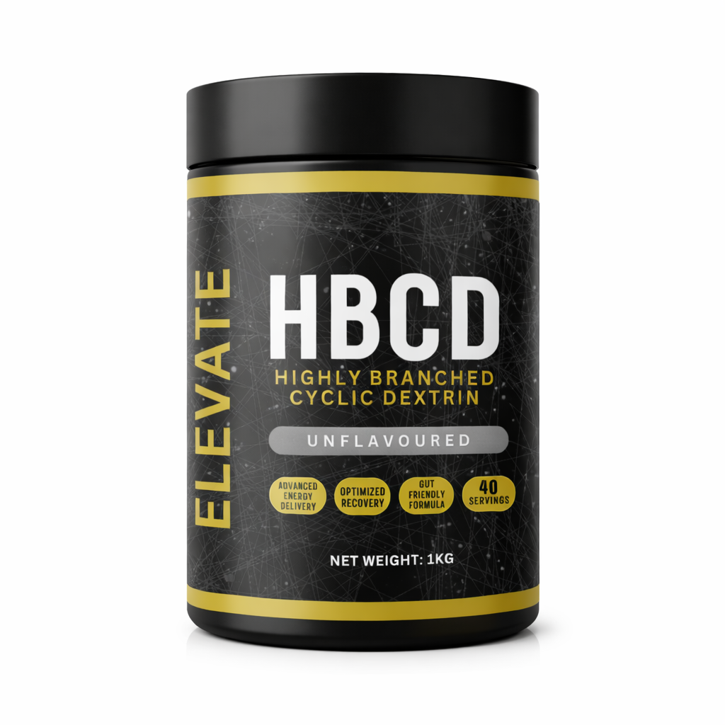 Elevate Highly Branched Cyclic Dextrin supplement container with label, showcasing a white jar with blue and orange accents.