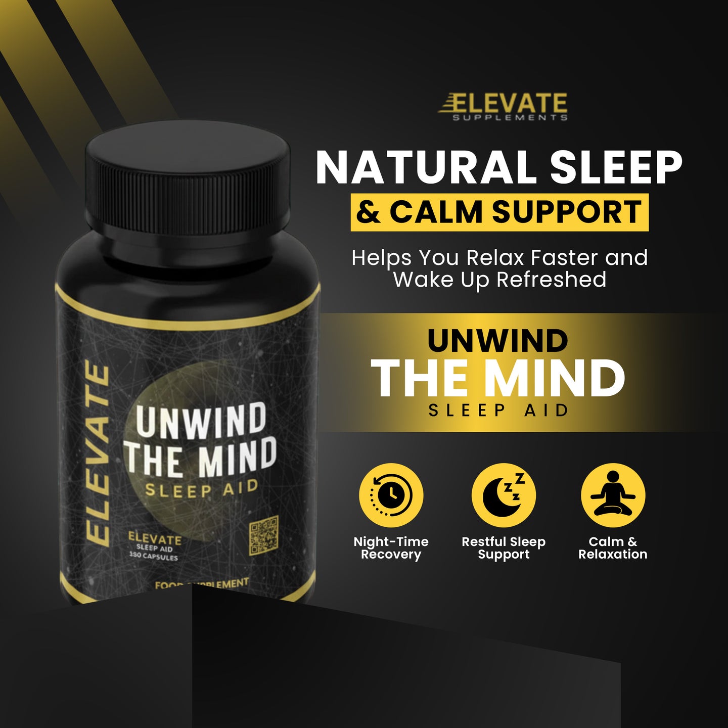 Elevate Sleep Aid bottle showing 5-HTP, magnesium, and L-Theanine capsules for restful sleep and relaxation.