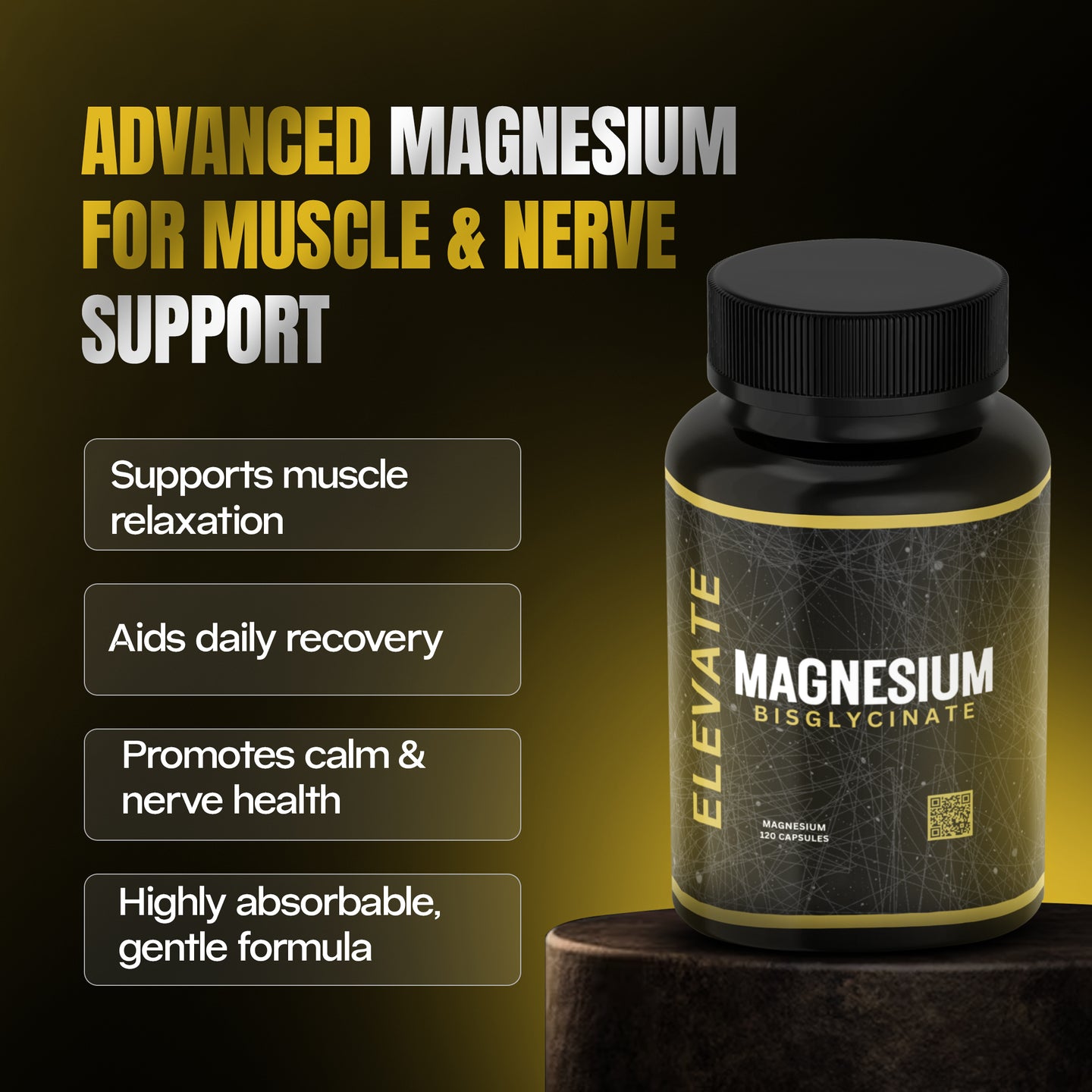 Elevate Magnesium Bisglycinate supplement bottle showing high absorption formula, with label and supplement capsules visible.