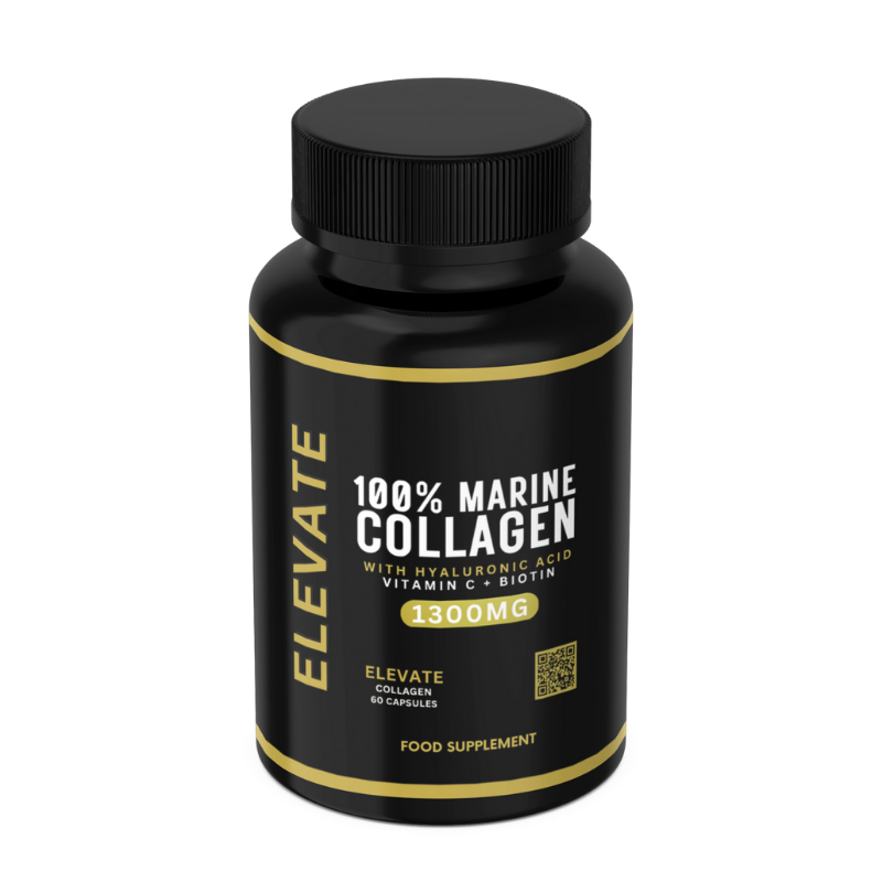 Elevate Marine Collagen supplement bottle with hyaluronic acid, vitamin C, and biotin, highlighting the product's health benefits.