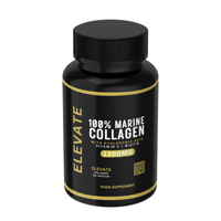 Elevate Marine Collagen supplement bottle with hyaluronic acid, vitamin C, and biotin, highlighting the product's health benefits.