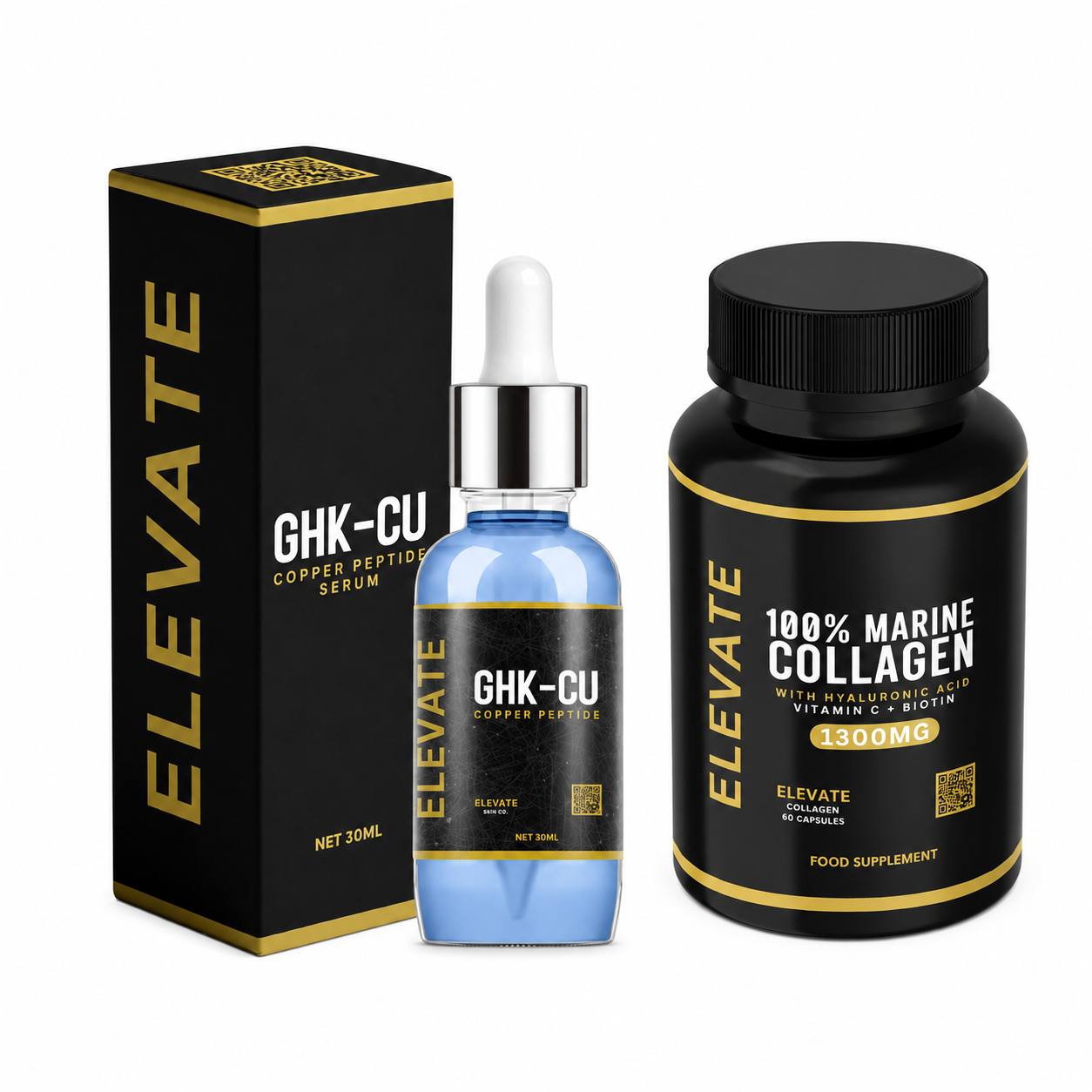 GHK-Cu and marine collagen supplements from ElevateSupplements in glass bottles, showcasing the product packaging.