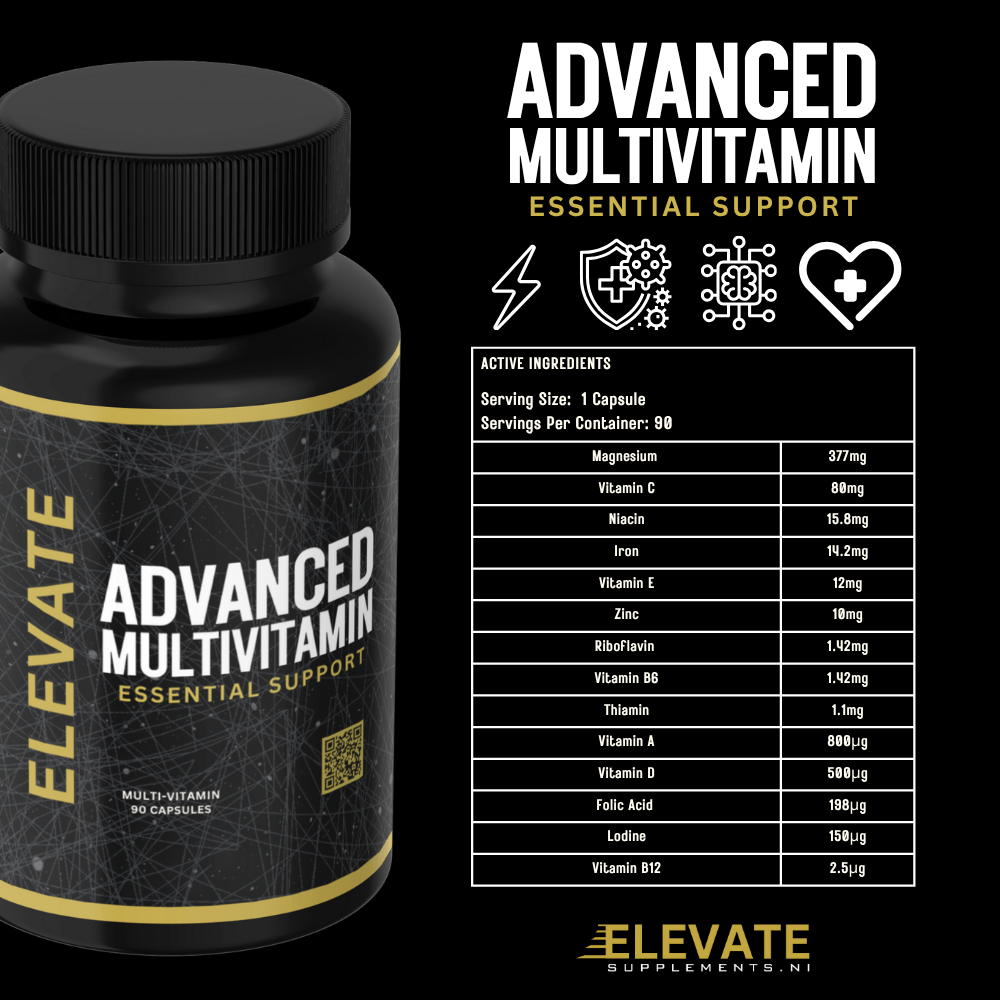 Elevate Multi-Vitamin supplement bottle with colorful tablets, complete daily formula for overall health and wellness.