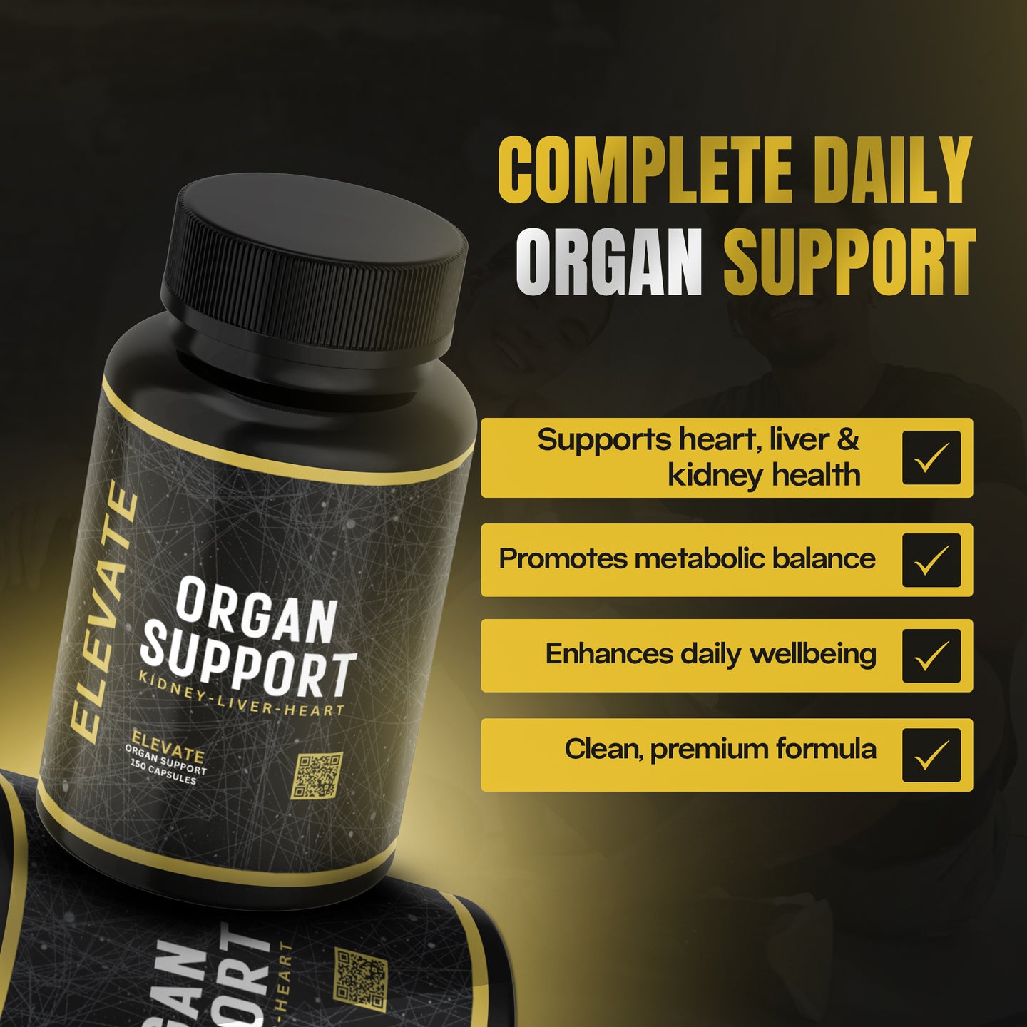Elevate Supplements' Elevate Organ Support bottle featuring multi-organ health formula with capsules and colorful label.