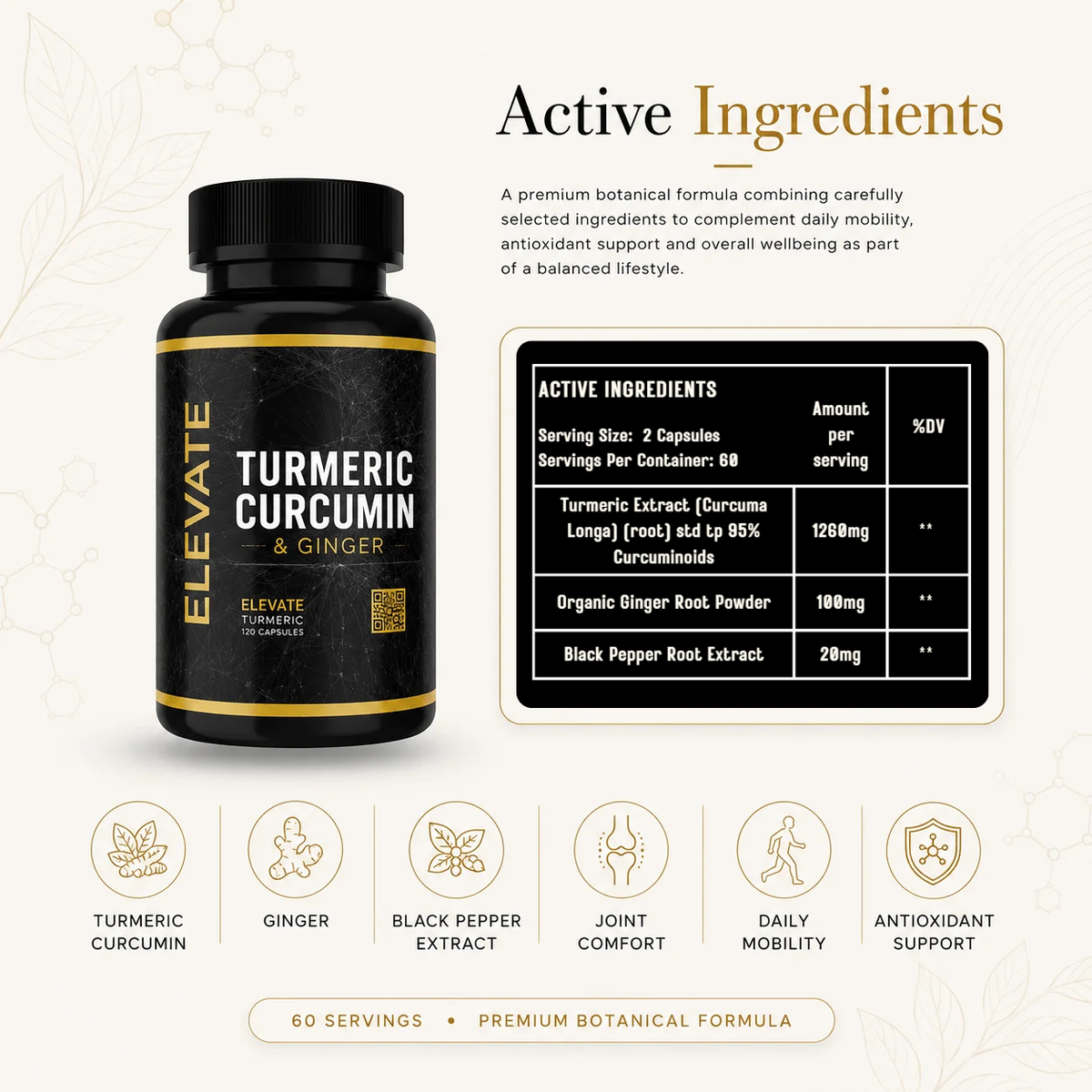 Elevate Turmeric Curcumin and Ginger supplement bottle with black pepper extract, showcasing the product label and capsules.
