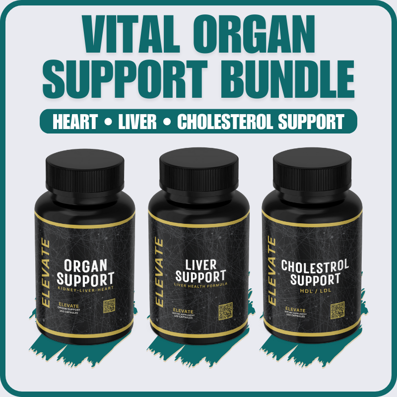 Elevate Supplements Vital Organ Support Bundle with supplement bottles and natural ingredients for liver, kidney, and overall health.